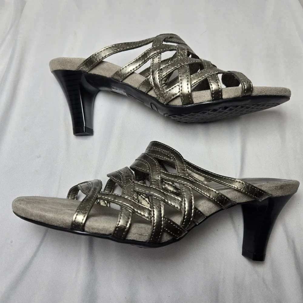 A2 Aerosoles Water Power Strappy Sandal Heels Womens 7 Pewter Silver‎ Neutral